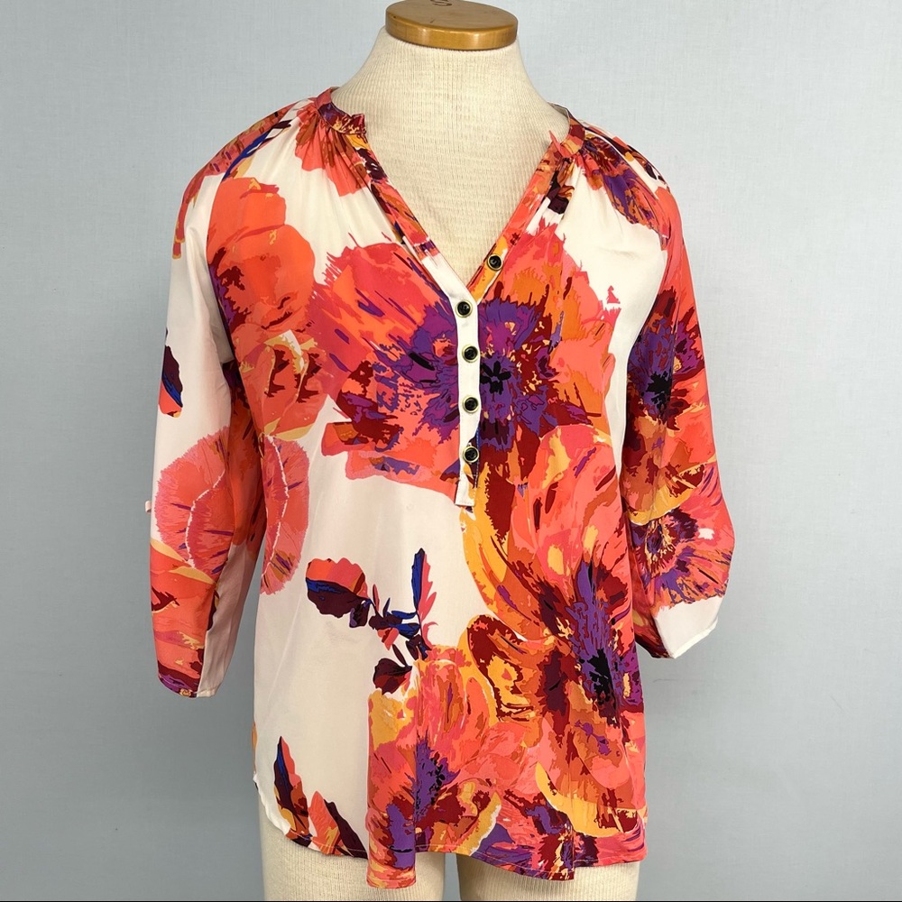 Yumi Kim Silk Floral Long Sleeve Yumi  Top Size XS in Cream and Coral - Picture 9 of 9